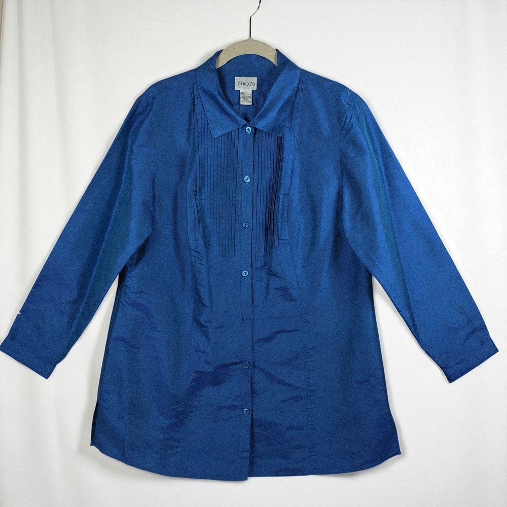 Chico's Silk Blouse Top Women's Size 2 (Large) Button Down‎ Long Sleeve Blue
